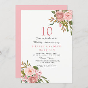 Blush Rose Gold White 10th Wedding Anniversary Invitation