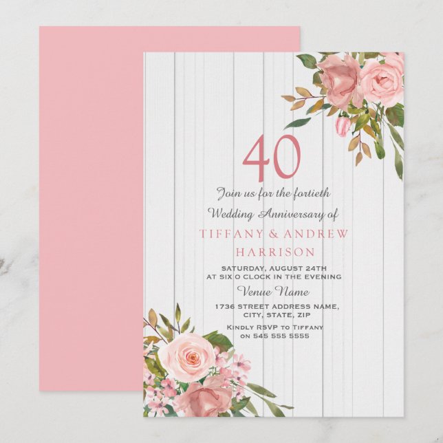 Blush Rose Gold White 40th Wedding Anniversary Invitation (Front/Back)