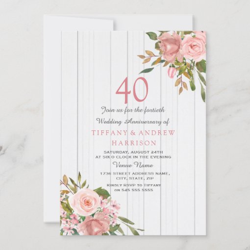 Blush Rose Gold White 40th Wedding Anniversary Invitation | Zazzle