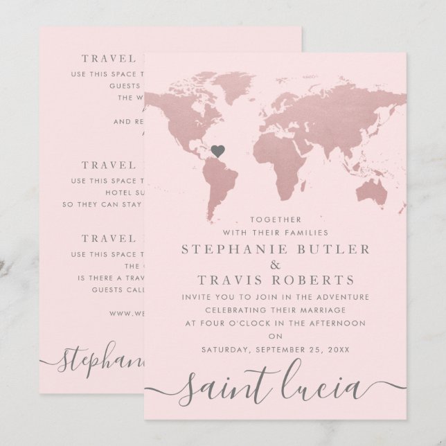 Blush Rose Gold World Map Travel Theme Wedding Invitation (Front/Back)