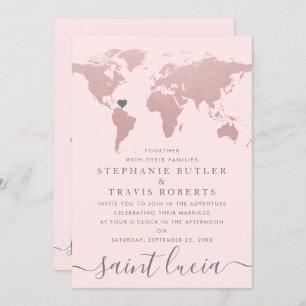 Blush Rose Gold World Map Travel Theme Wedding Invitation