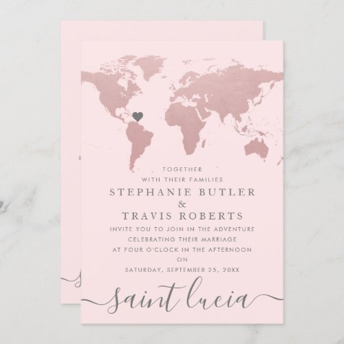 Blush Rose Gold World Map Travel Theme Wedding Invitation