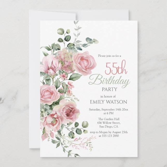Blush Rose Greenery Eucalypt 55th Birthday  Invitation (Front)