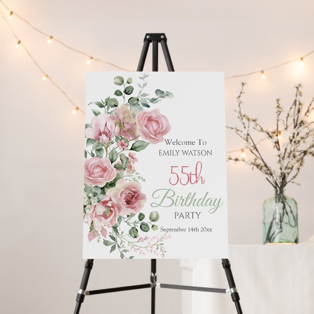 Blush Rose Greenery Eucalypt 55th Birthday Welcome Foam Board (In Situ (Stand))