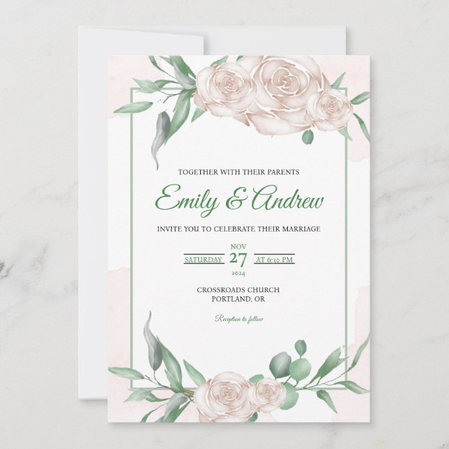 Blush Rose Leaf Elegant Floral Watercolor Wedding Invitation (Front)