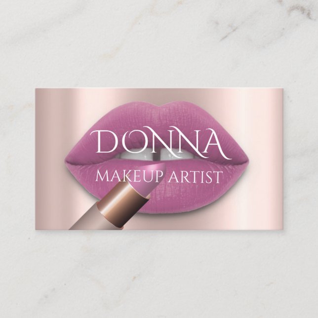 Blush Rose Lips QR Code Logo Makeup Lipstick Gloss Business Card (Front)