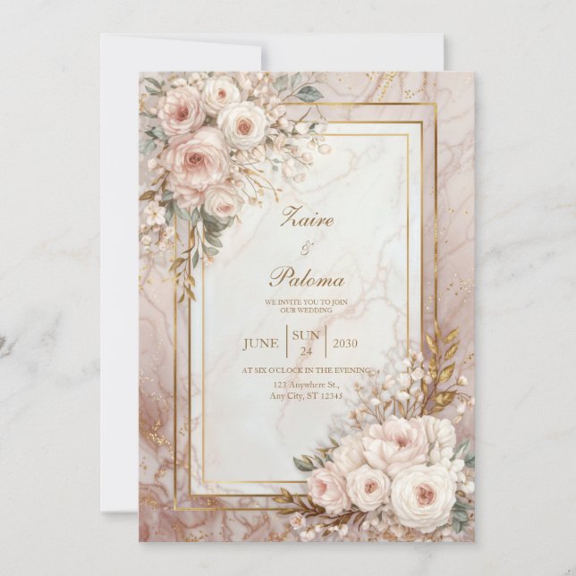 Blush Rose Marble Gilded Frame Wedding Invitation (Front)