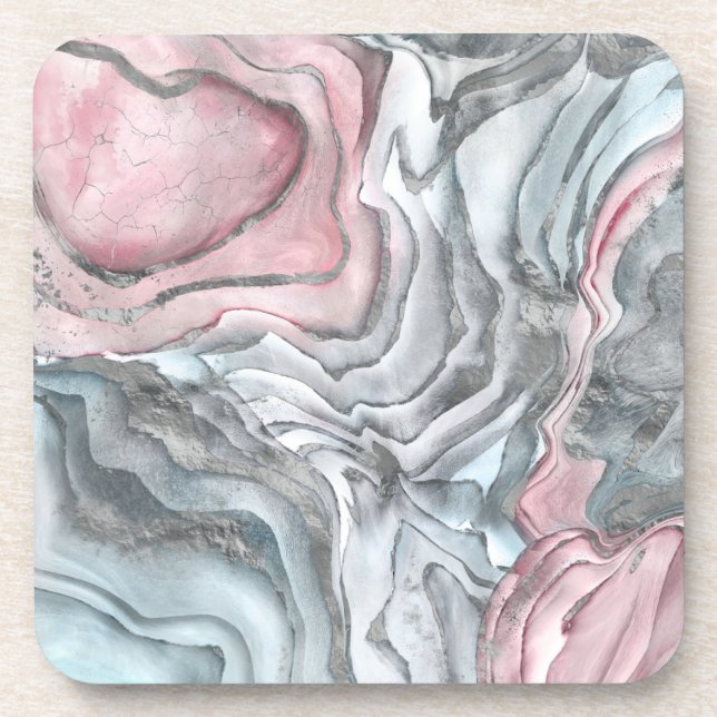 Blush rose marble - pastel pinks and silver beverage coaster (Front)