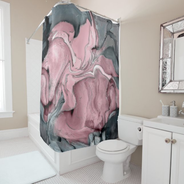Blush rose marble - pastel pinks, grey and silver shower curtain (In Situ)