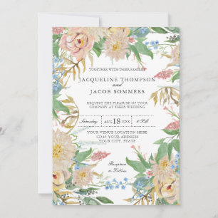 Blush Rose Mums Gold Foliage Floral Watercolor Art Invitation
