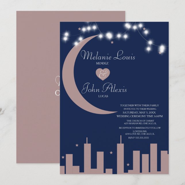 Blush Rose Navy Nightime Skyline Wedding Invitation (Front/Back)