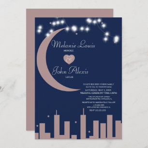 Blush Rose Navy Nightime Skyline Wedding Invitation
