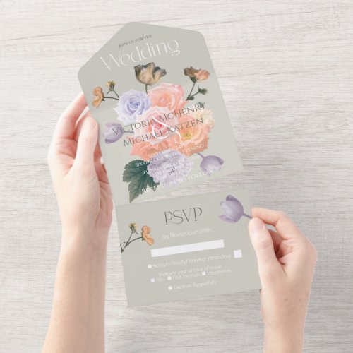 Blush Rose Pale Purple Modern Floral Wedding All I All In One Invitation