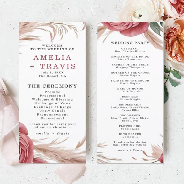 Blush Rose Pampas Grass Wedding Ceremony Program (Creator Uploaded)