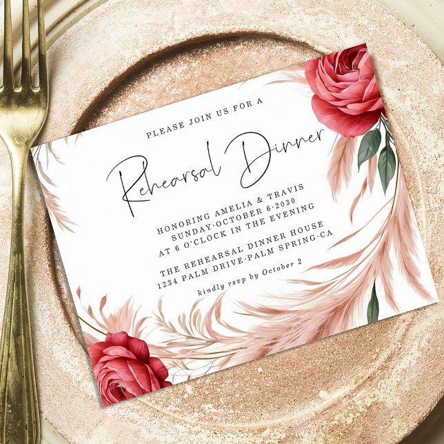 Blush Rose Pampas Grass Wedding Rehearsal Dinner Invitation (Creator Uploaded)