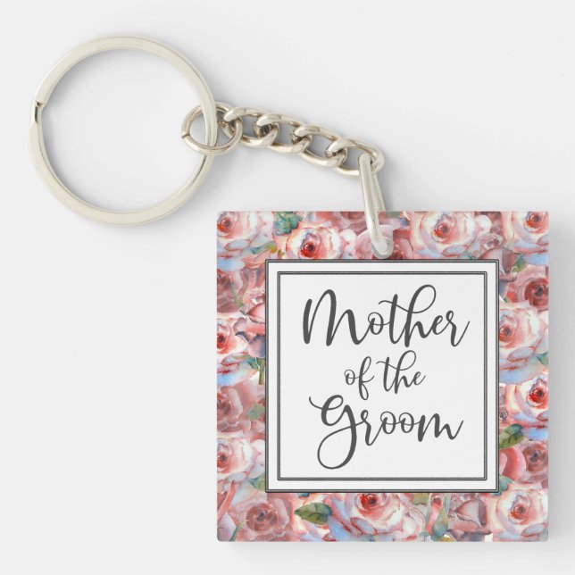 Blush Rose Pattern Mother of the Groom Square Keychain (Front)