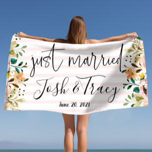 Blush Rose Personalized Just Married Floral Beach Towel
