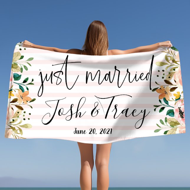 Blush Rose Personalized Just Married Floral Beach Towel (Blush Rose Personalized Just Married Floral Beach Towel)