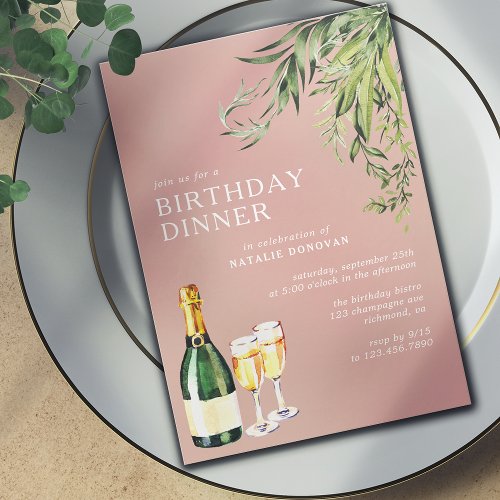 Blush Rose Pink  Champagne Garden Birthday Dinner Invitation