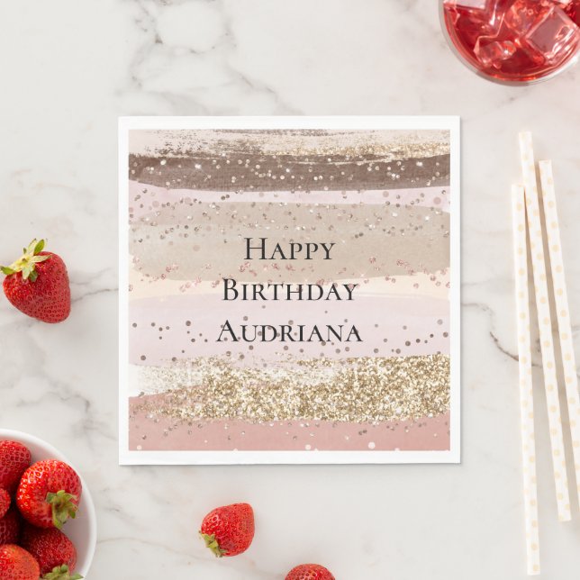Blush Rose Pink Chocolate Gold Glitter Birthday Napkins (Insitu)