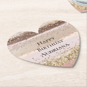 Blush Rose Pink Chocolate Gold Glitter Birthday Paper Coaster