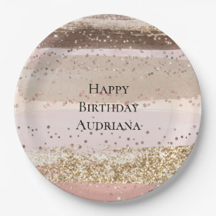 Blush Rose Pink Chocolate Gold Glitter Birthday Paper Plates