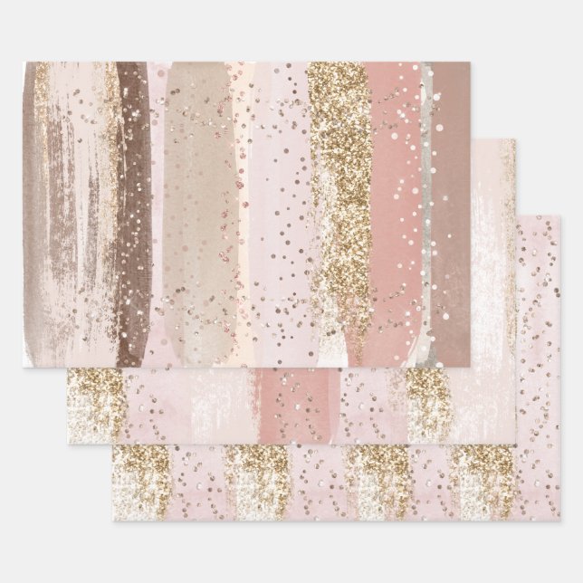 Blush Rose Pink Chocolate Gold Glitter Birthday Wrapping Paper Sheets (Set)