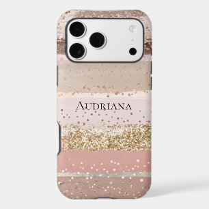 Blush Rose Pink Chocolate Gold Glitter Stripes iPhone 17 Pro Max Case