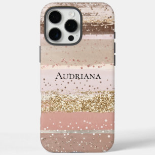 Blush Rose Pink Chocolate Gold Glitter Stripes iPhone 16 Pro Max Case