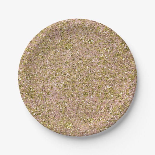 Blush Rose Pink & Gold Glam Glitter Party Sparkle Paper Plates (Front)