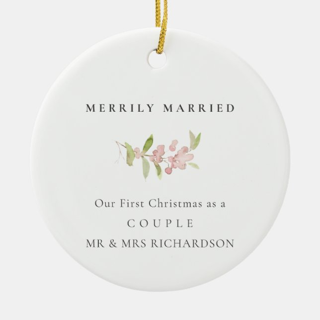 BLUSH ROSE PINK MINIMAL CUSTOM MERRILY MARRIED CERAMIC ORNAMENT (Front)