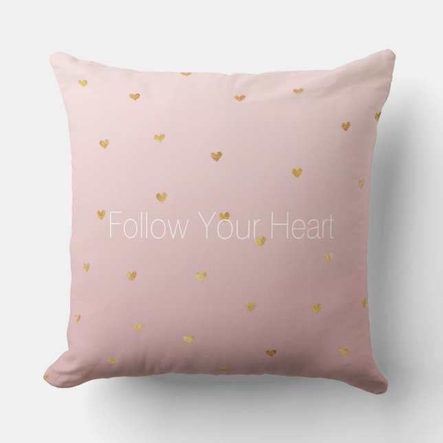 Blush Rose Pink Ombre Gold Hearts Throw Pillow (Front)