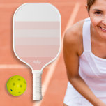 Blush Rose Pink Peach Stripes Personalized Text Pickleball Paddle<br><div class="desc">Play in style with this pickleball paddle featuring blush rose, peach and white stripes. Personalize with your custom text - name, monogram, pickleball club name, company name, location, phone number, etc. Easily change the stripe colors - just click edit. Makes a perfect gift for adults, kids, moms, bridesmaids, brides, or...</div>