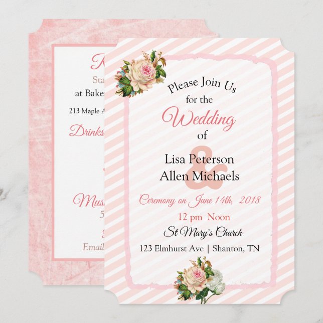 Blush Rose Pink Striped Floral Wedding Invitation (Front/Back)