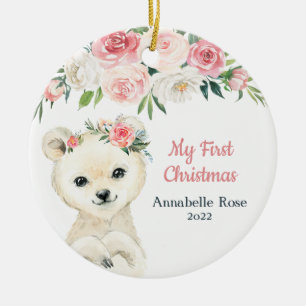 Blush Rose Polar Bear Baby's 1st First Christmas Ceramic Ornament