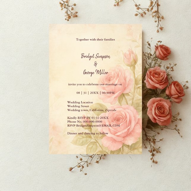 Blush Rose Romantic Floral Vintage Wedding  Invitation (Creator Uploaded)