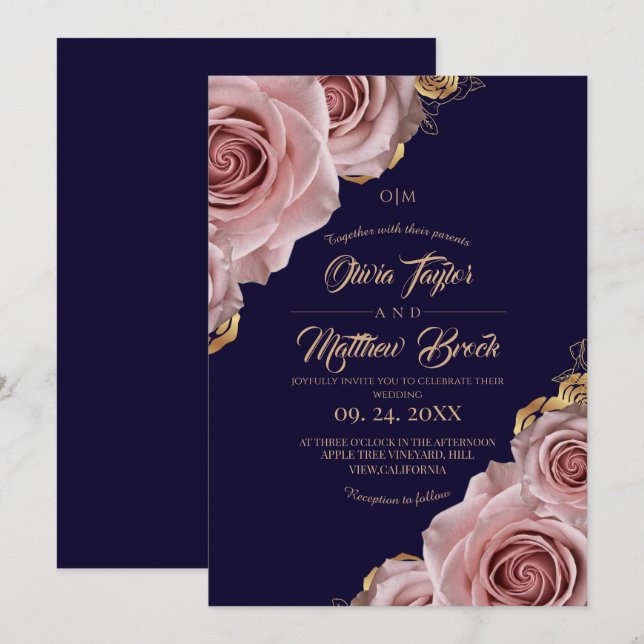 Blush Rose & Royal Blue Elegant Modern Wedding Invitation (Front/Back)