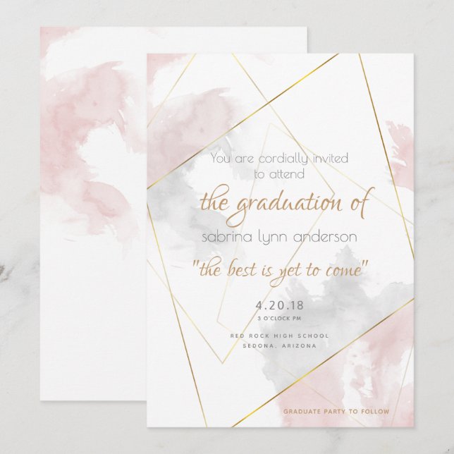 Blush Rose Silver Watercolor Geometric Graduation Invitation (Front/Back)