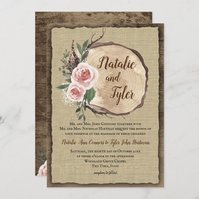 Blush Rose Tree Slice Boho Chic Wedding Invitation (Front/Back)