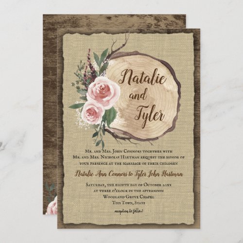 Blush Rose Tree Slice Boho Chic Wedding Invitation