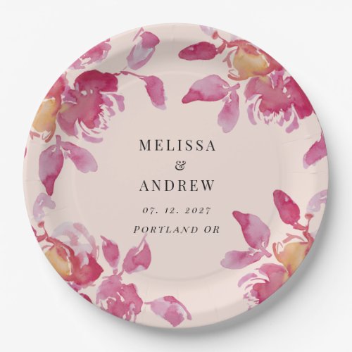 Blush Rose Watercolor Modern Wedding Paper Plates
