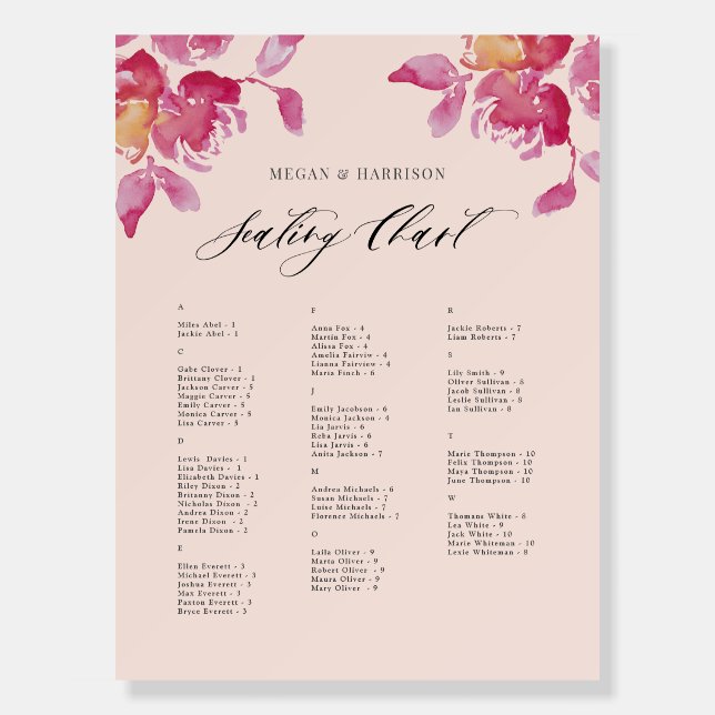 Blush Rose Watercolor Modern Wedding Seating Chart Foam Board (Front)
