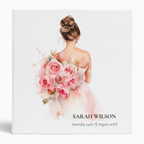 Blush Rose Watercolor Wedding Gown Bridal Shower 3 Ring Binder