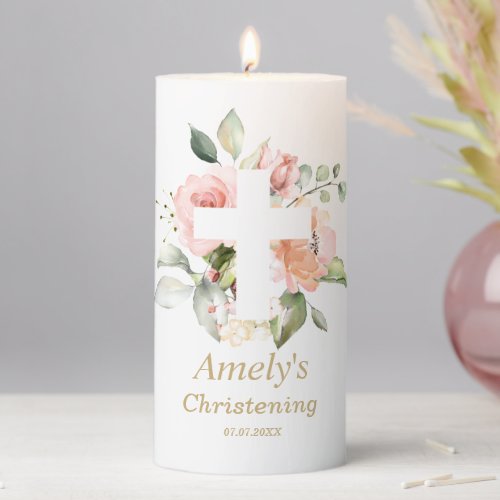 Blush Rose  White Cross Christening Pillar Candle