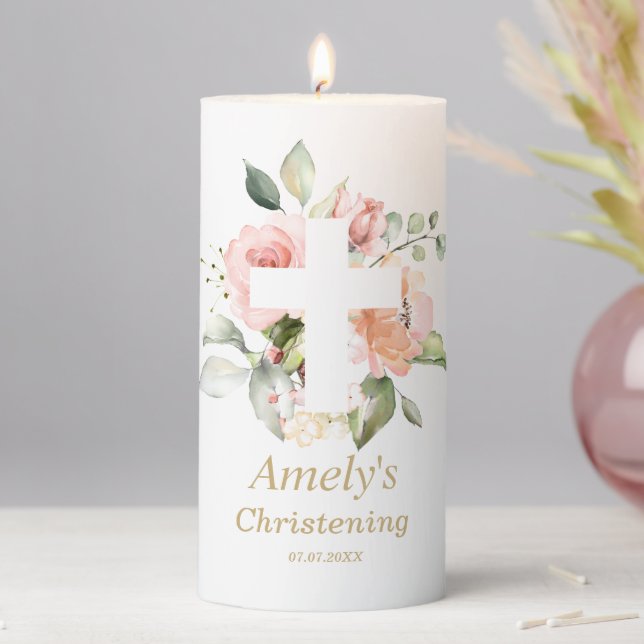 Blush Rose & White Cross Christening Pillar Candle (In Situ)