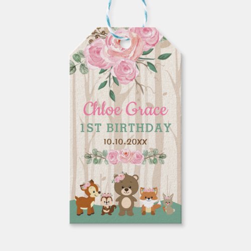 Blush Rose Woodland Forest Animals Birthday Shower Gift Tags