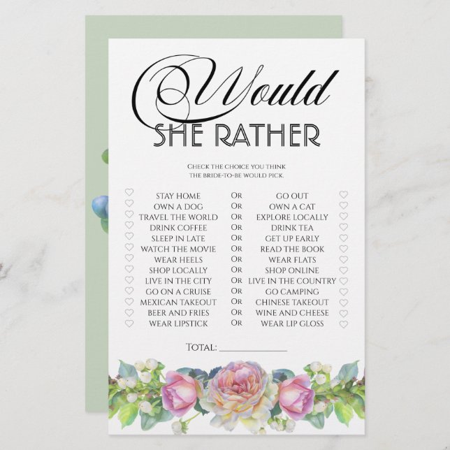 Blush rose would she rather bridal shower game (Front/Back)