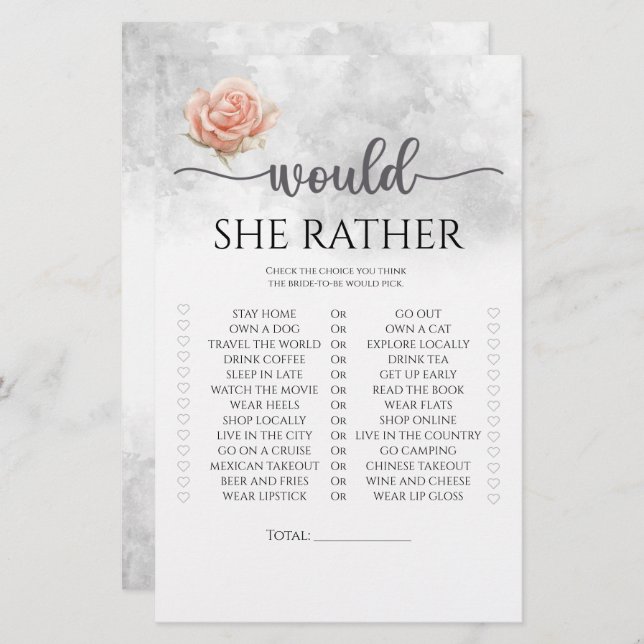 Blush rose would she rather bridal shower game (Front/Back)