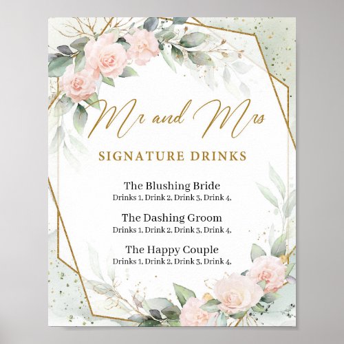 Blush roses and greenery gold signature drinks poster