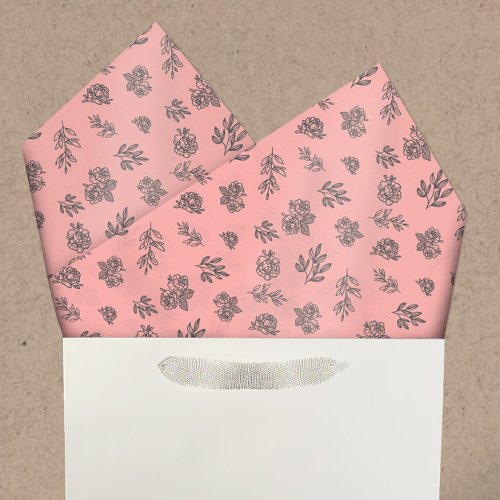 Blush Roses and Leaves Hand_Drawn Line Art Pattern Tissue Paper